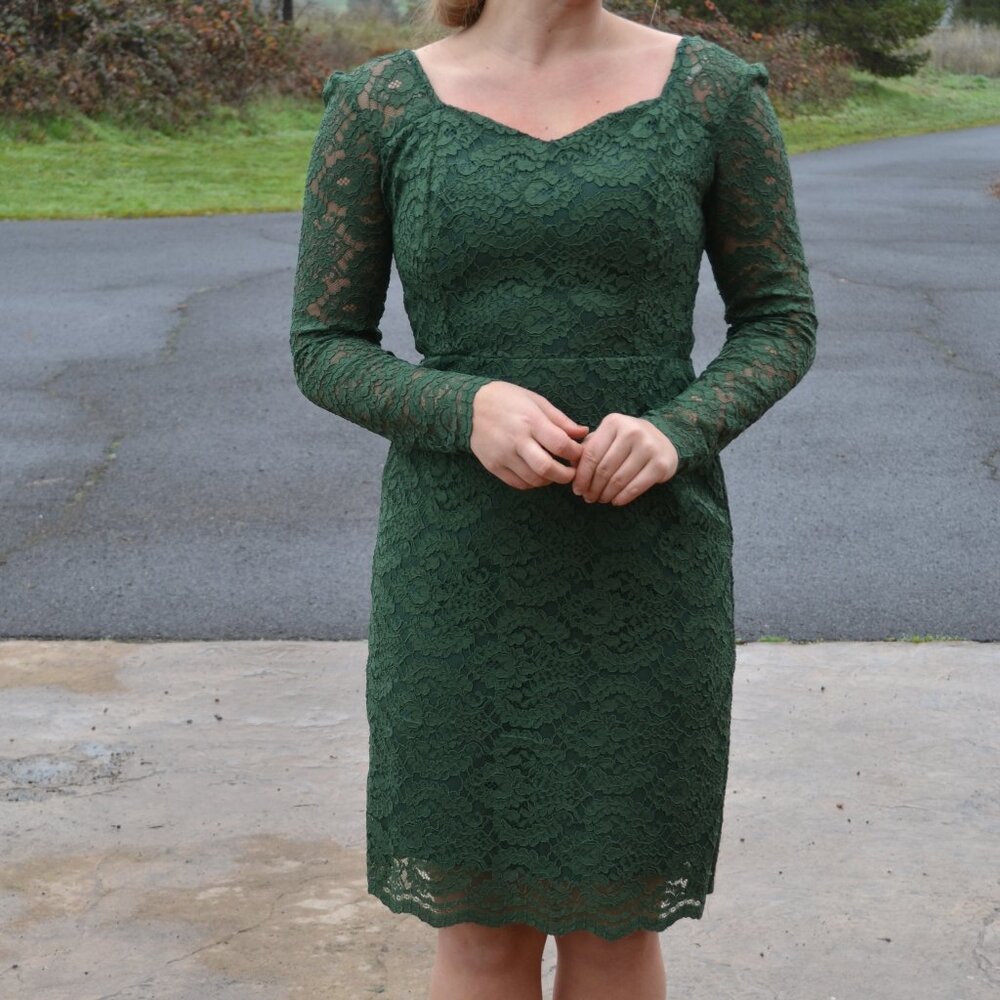Green Lace Sheath Dress, Handmade, M